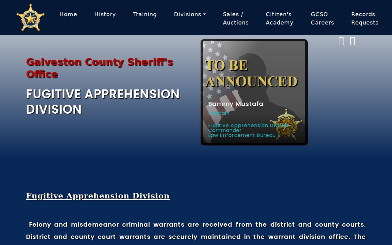 Galveston County warrant records reference showing the Sheriff Fugitive Apprehension Division contact