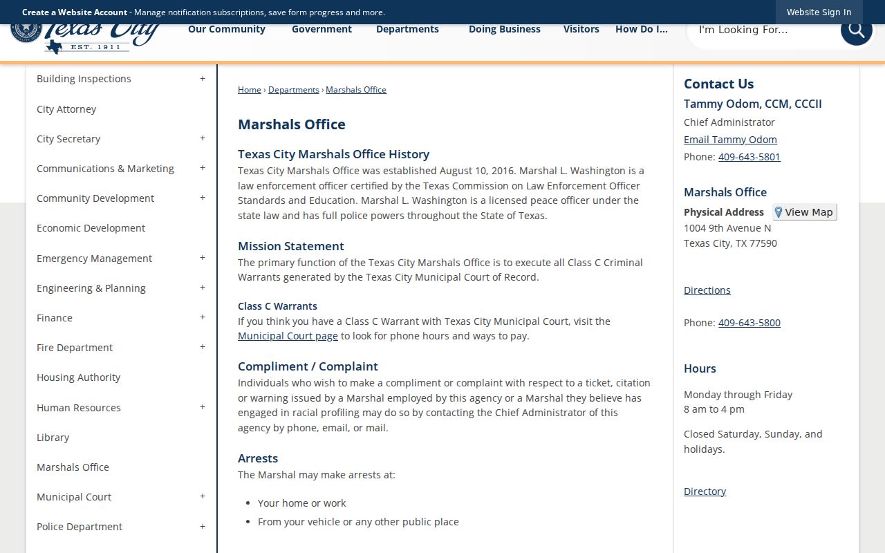 Texas City warrant records reference showing the City Marshal's warrant-service role