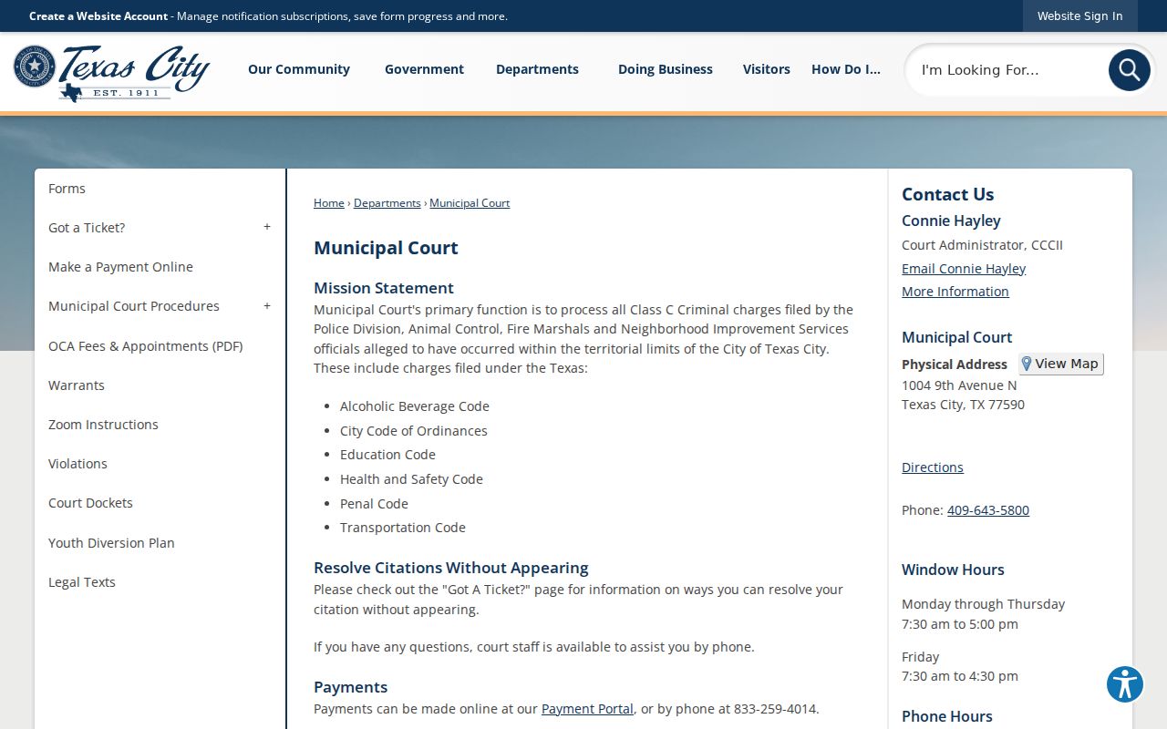 Galveston County municipal court warrant reference showing Texas City Municipal Court contact information