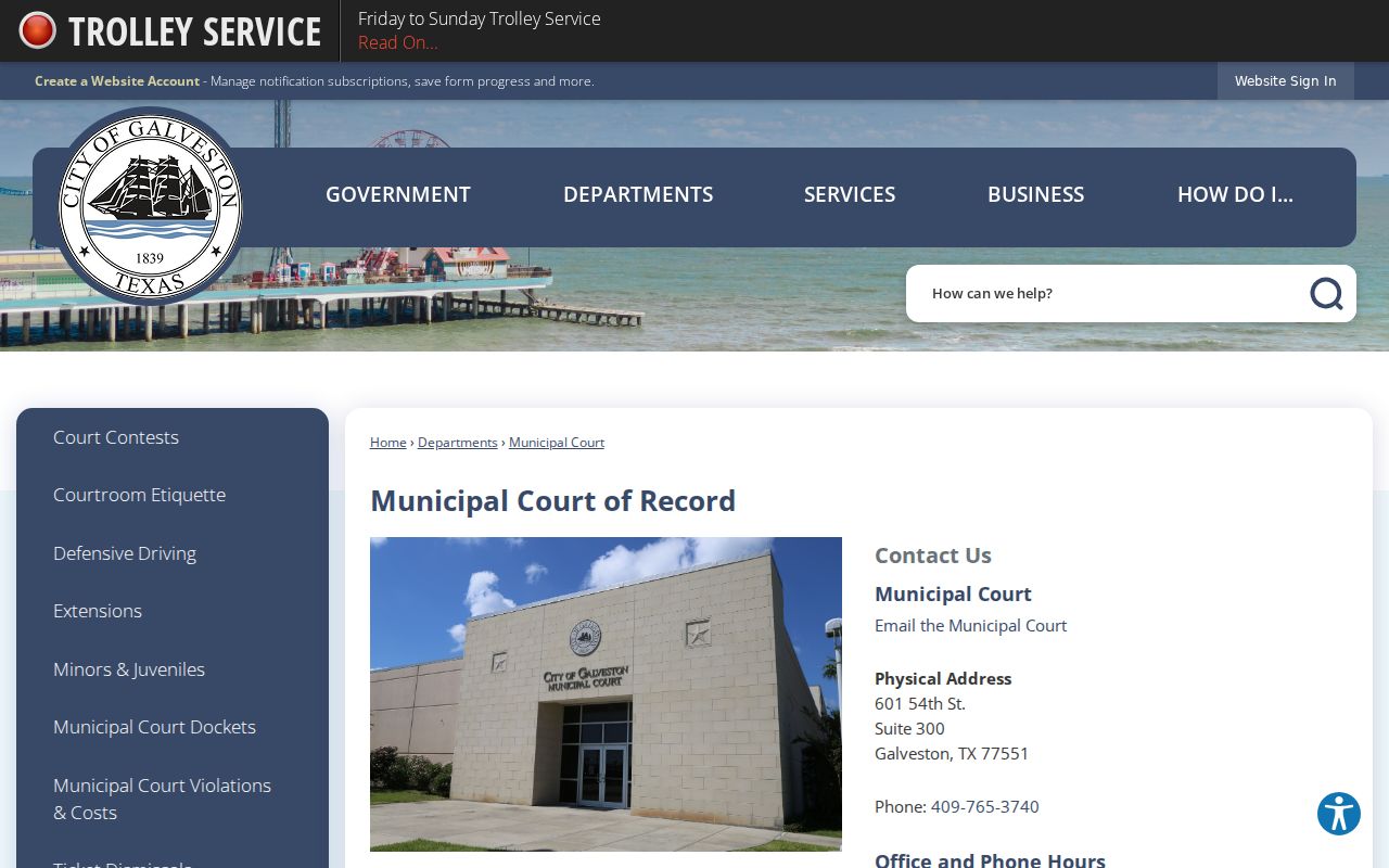 Galveston warrant records reference showing the Municipal Court contact and payment counter