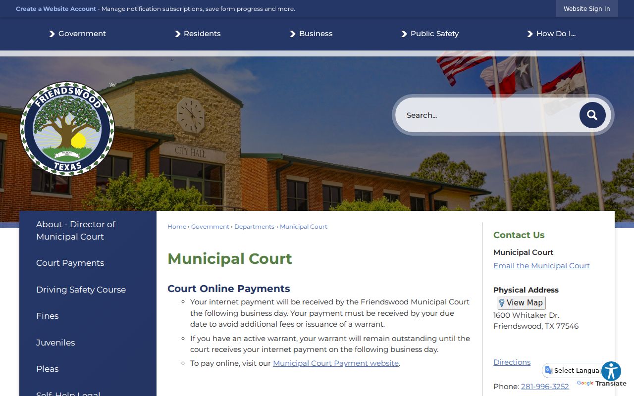 Friendswood warrant records reference showing court payment and active warrant information