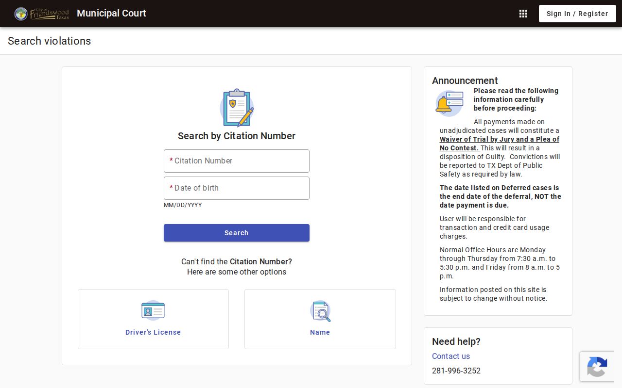Friendswood warrant records reference showing the city's Municipal Online Services case search