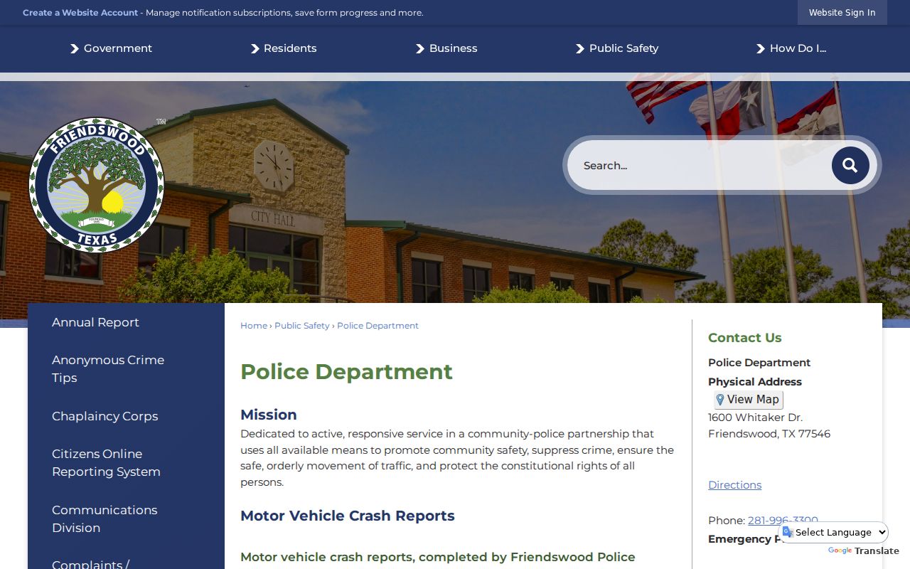 Friendswood warrant records reference showing the Friendswood Public Safety Building
