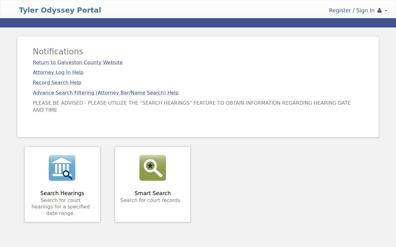 Galveston County warrant records research with the Odyssey public case-search interface